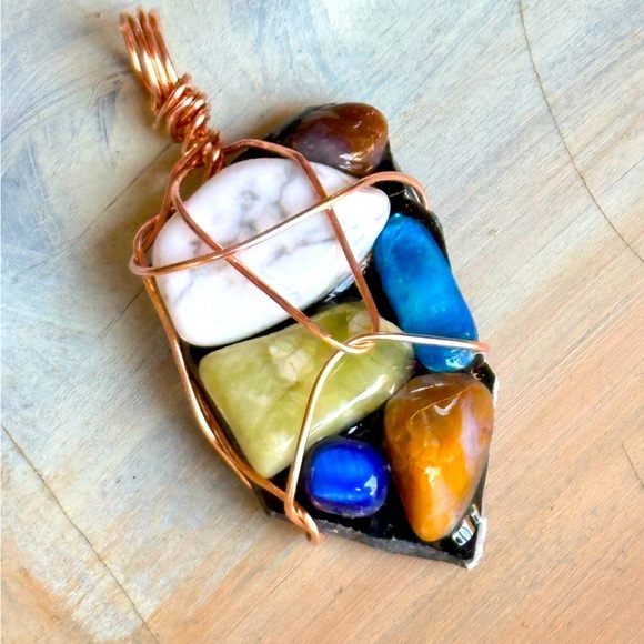 Necklace Pendant, Handmade assemblage Wire Wrapped real Stones Resin Set 4300 G - Picture 1 of 11